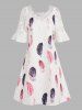 Colored Feather Print Lace Panel Scalloped V Neck A Line Mini Dress -  