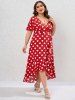 Plus Size  Polka Dot Flounce High Low Surplice Dress -  
