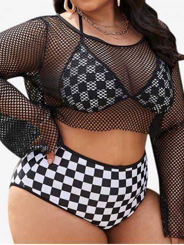 Plus Size Checkerboard Halter Backless Bikini Set and Net Cover-up Three Piece Swimsuit - BLACK - 2XL