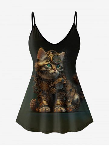 Gothic Steampunk Cat Print Cami Top (Adjustable Straps) - BLACK - 5X | US 30-32