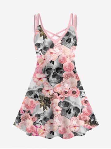 Gothic Skull Rose Print Crisscross Detail Sleeveless Sundress - LIGHT PINK - 4X | US 26-28