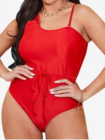 Plus Size Drawstring Waisted Cutout Padded High Leg One-piece Swimsuit - RED - XL