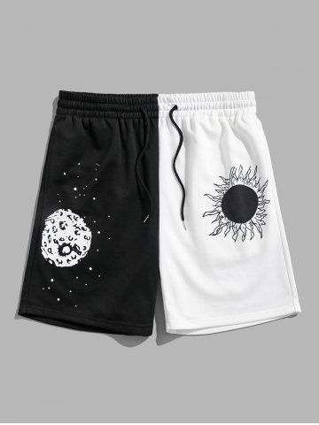 Two Tone Colorblock Sun Pattern Drawstring Sweat Shorts - BLACK - XL