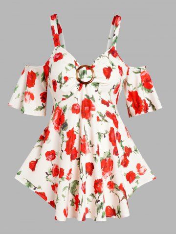 Plus Size Cold Shoulder Flower Ruched Asymmetric Blouse - WHITE - 2X