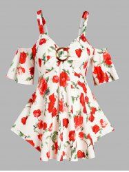 Plus Size Cold Shoulder Flower Ruched Asymmetric Blouse -  