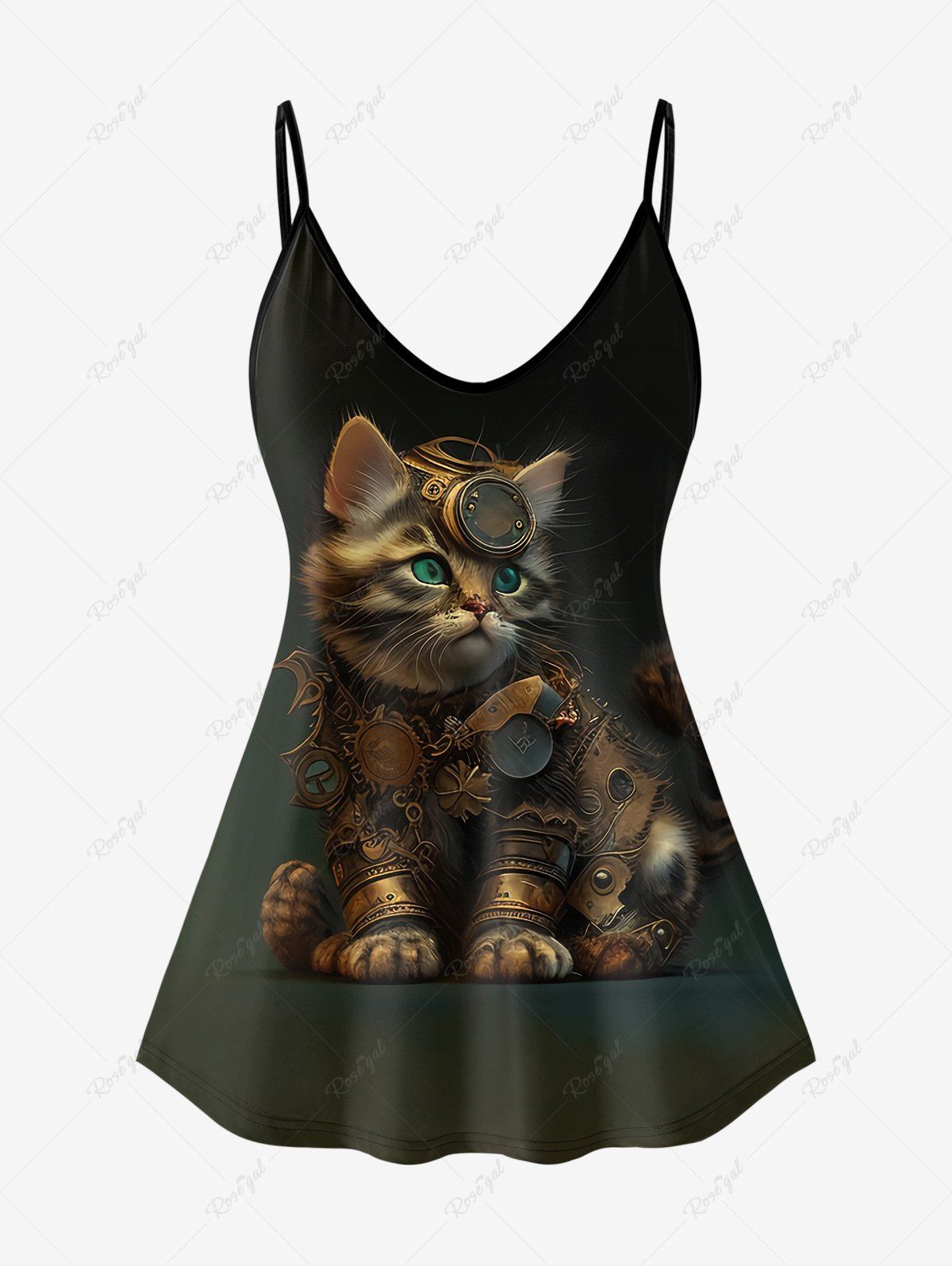 Fashion Gothic Steampunk Cat Print Cami Top (Adjustable Straps)  