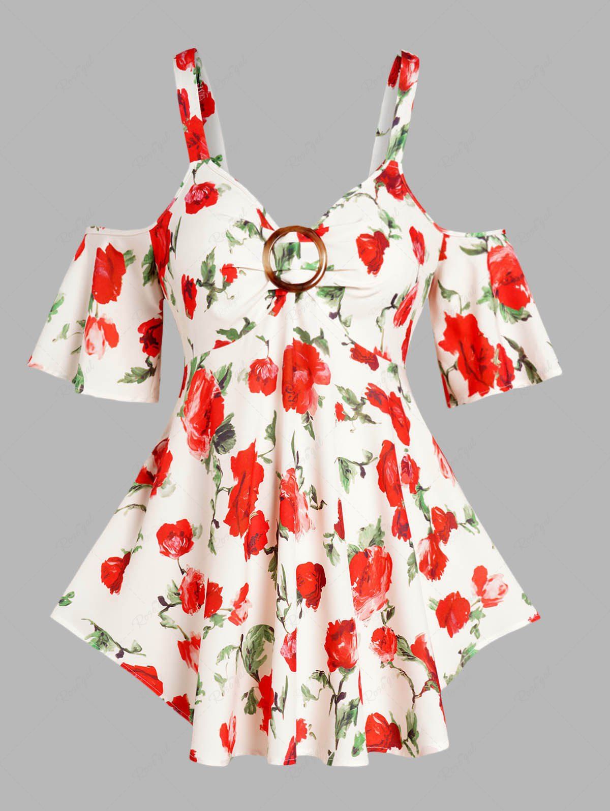 Fancy Plus Size Cold Shoulder Flower Ruched Asymmetric Blouse  