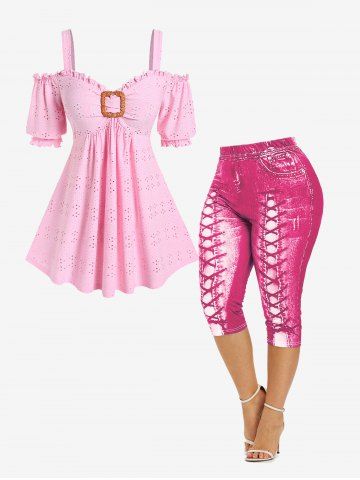 Broderie Anglaise Ruffles Cold Shoulder Tee and 3D Lace Up Jean Print Capri Leggings Plus Size Outfit