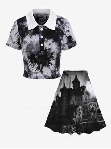 Chemise Courte Gothique Imprimée Tie-Dye et Jupe Contrastante - BLACK