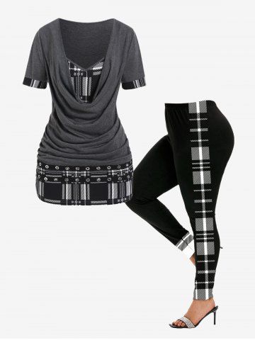 Plus Size Plaid Grommet Short Sleeves 2 in 1 Tee and Plaid Colorblock Leggings Outfit Bundle - GRAY