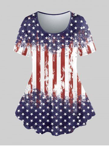 Plus Size Stars Stripes Printed Patriotic Tee and 3D Jeans Lace-up American Flag Printed Leggings Outfit