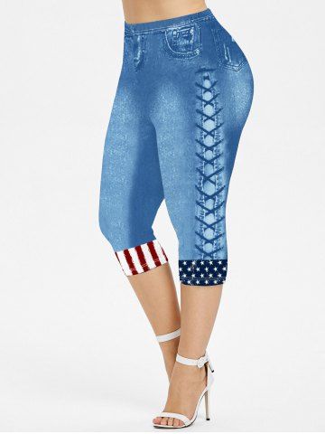 Plus Size Stars Stripes Printed Patriotic Tee and 3D Jeans Lace-up American Flag Printed Leggings Outfit