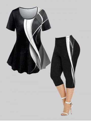 3D Stripes Printed Colorblock Tee and Leggings Plus Size Matching Set - BLACK