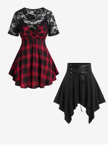 Ensemble de Haut Tordu en Dentelle et de Jupe Mouchoir à Carreaux de Grande Taille - DEEP RED