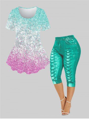 Sparkly Print T-shirt and 3D Lace Up Jean Print Capri Leggings Plus Size Outfit