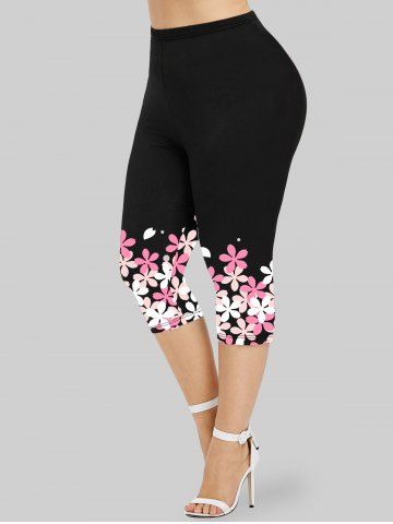 Plus Size Flower Printed Capri Leggings - LIGHT PINK - 4X | US 26-28