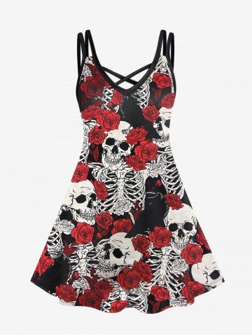 Gothic Rose Skeleton Print Crisscross A Line Sleeveless Dress - BLACK - M | US 10
