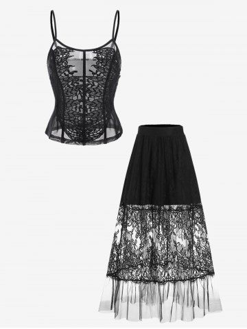 Jupe Mi-Longue Gothique Applique en Dentelle en Maille Transparente et Camisole - BLACK