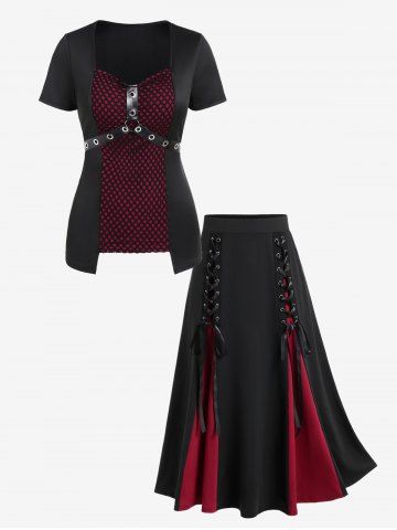 Gothic Fishnet Overlay PU Leather Straps Grommets Top And Gothic Lace Up Two Tone Godet Hem Midi A Line Skirt Gothic Outfit - DEEP RED