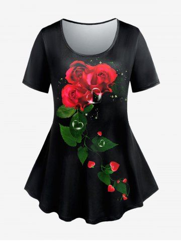 T-shirt 3D Rose et Cœur Imprimés de Grande Taille à Manches Courtes