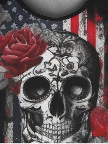 Gothic Rose Skull Print Distressed American Flag T-shirt