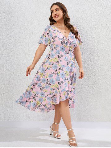 Plus Size Cottagecore Flounce Tie Floral Asymmetric Surplice Midi Dress - LIGHT PINK - 2X | US 18-20