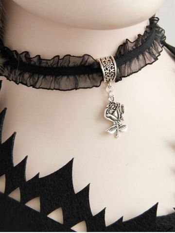 Vintage Frilled Lace Rose Pendant Choker Necklace - BLACK