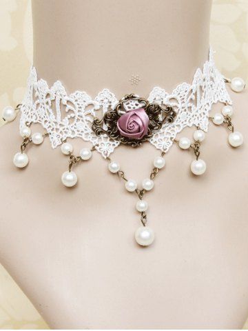 Vintage Rose Faux Pearl Decor Lace Choker Necklace