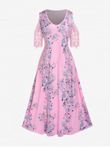 Plus Size Floral Lace Sleeves Cold Shoulder Maxi Dress - LIGHT PINK - M