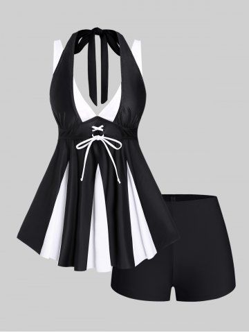 Plus Size Halter Backless Lace-up Contrast Padded Boyleg Tankini Swimsuit - BLACK - L | US 12