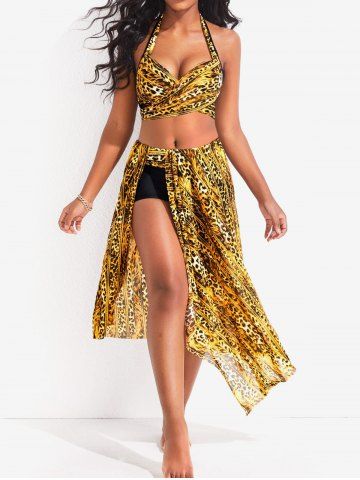 Plus Size Leopard Halter Wrap Boyleg Bikini Set and Sarong Three Piece Swimsuit - YELLOW - M | US 10