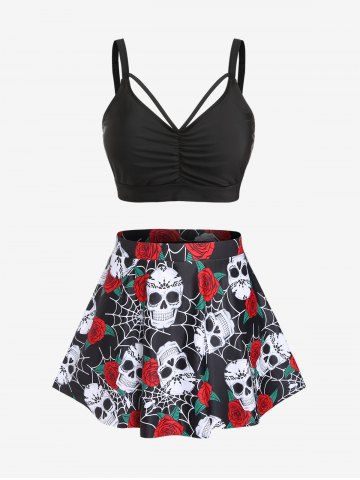 Plus Size Gothic Rose Skulls Printed Ruched Padded Tankini Set Swimsuit - BLACK - 4X | US 26-28