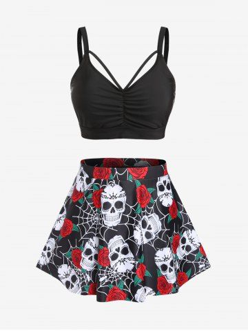 Plus Size Gothic Rose Skulls Printed Ruched Padded Tankini Set Swimsuit - BLACK - M | US 10