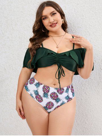 Plus Size Ruffle Pineapple Print Cinched Ruched Full Coverage Bikini Swimsuit - DEEP GREEN - 1X | US 14-16