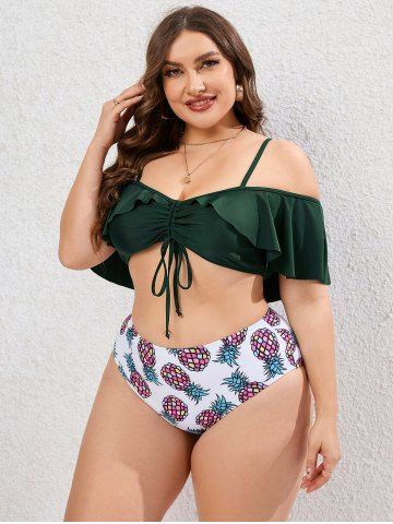 Plus Size Ruffle Pineapple Print Cinched Ruched Full Coverage Bikini Swimsuit