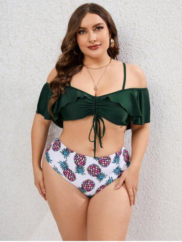Plus Size Ruffle Pineapple Print Cinched Ruched Full Coverage Bikini Swimsuit