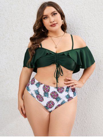 Plus Size Ruffle Pineapple Print Cinched Ruched Full Coverage Bikini Swimsuit