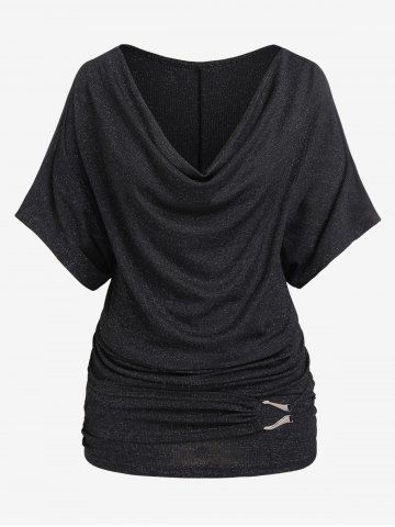 Plus Size Batwing Sleeves Cowl Neck Ruched Ribbed Tee