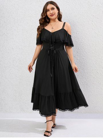 Plus Size Lace Trim Lace-up Maxi Cold Shoulder Flounce Dress - BLACK - L | US 12