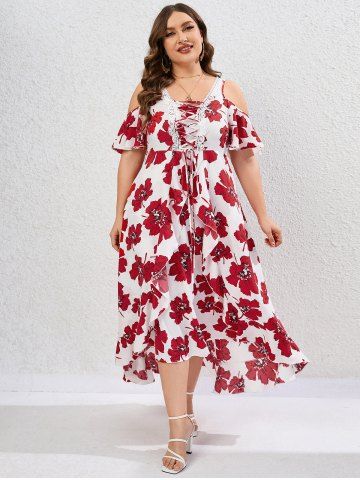 Plus Size Guipure Lace Panel Lace-up Floral Ruffle Cold Shoulder Maxi Dress - WHITE - L | US 12