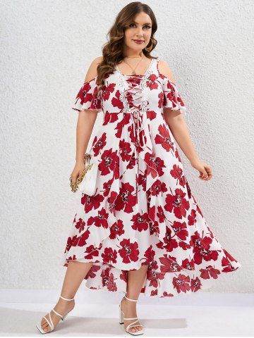 Plus Size Guipure Lace Panel Lace-up Floral Ruffle Cold Shoulder Maxi Dress
