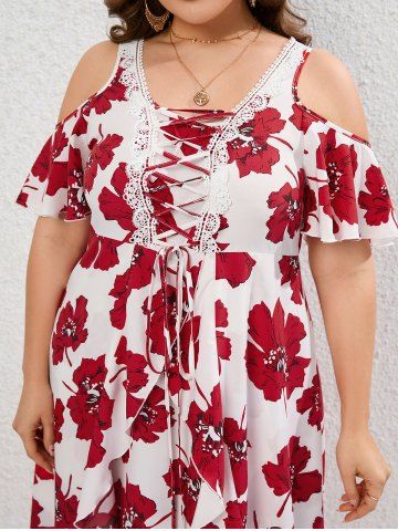 Plus Size Guipure Lace Panel Lace-up Floral Ruffle Cold Shoulder Maxi Dress