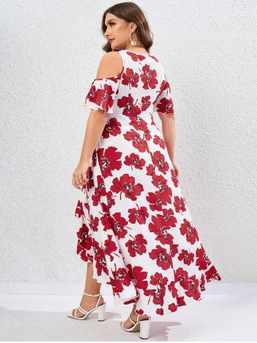 Plus Size Guipure Lace Panel Lace-up Floral Ruffle Cold Shoulder Maxi Dress