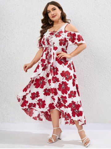 Plus Size Guipure Lace Panel Lace-up Floral Ruffle Cold Shoulder Maxi Dress