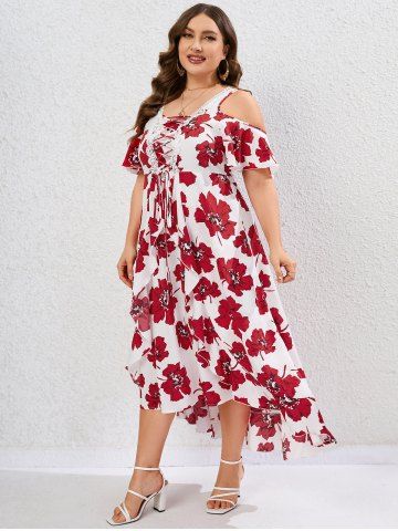 Plus Size Guipure Lace Panel Lace-up Floral Ruffle Cold Shoulder Maxi Dress