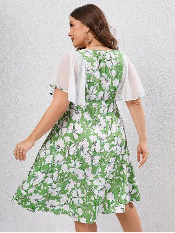 Plus Size Sheer Flutter Sleeves Floral A Line Dress