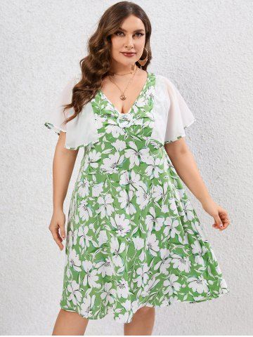 Plus Size Sheer Flutter Sleeves Floral A Line Dress