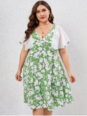 Plus Size Sheer Flutter Sleeves Floral A Line Dress - GREEN - 1X | US 14-16
