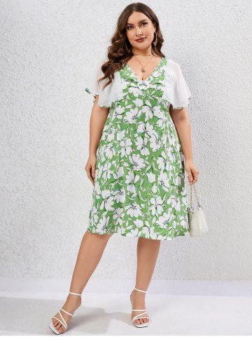 Plus Size Sheer Flutter Sleeves Floral A Line Dress