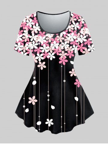 Plus Size Flower Printed Short Sleeves Tee - LIGHT PINK - 3X | US 22-24